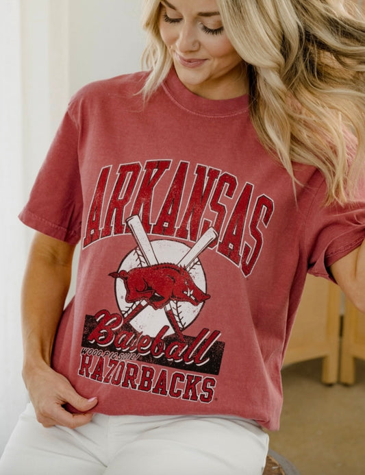 Arkansas Razorback baseball with two bats, and baseball with red razorback. Boutique near me. Fayetteville Boutique