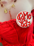 Load image into Gallery viewer, Red outfit with 'game day' button and gold necklace gameday buttons near me, gameday buttons sorority, gameday button pins, Arkansas buttons, art buttons, Fayetteville boutique store, shopping near me NWA mall, Arkansas gameday buttons, razorback store fayetteville