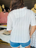 Load image into Gallery viewer, back view of women’s Arkansas razorback pinstripe baseball jersey from whimsy Whoo boutique store and razorback shop