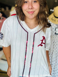 Load image into Gallery viewer, woman wearing Arkansas razorback baseball jersey with script A patch and sequin trim from whimsy whoo boutique and razorback store