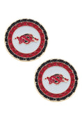 Load image into Gallery viewer, Two round earrings with a red and black design on a white background. Razorback jewelry, razorback jewelry near me, razorback jewelry and accessories, Arkansas razorback jewelry, razorback charms for jewelry, razorback jewelry for sale, women razorback jewelry, Arkansas razorback pendant