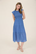 Load image into Gallery viewer, Blue smocked midi dress, blue smocked maxi dress, bright blue dress, blu pepper dresses near me, blu pepper clothing near me, wedding guest dress near me, stores in Fayetteville Arkansas