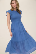 Load image into Gallery viewer, Blue smocked midi dress, blue smocked maxi dress, bright blue dress, blu pepper dresses near me, blu pepper clothing near me, wedding guest dress near me, stores in Fayetteville Arkansas