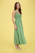 Load image into Gallery viewer, Green maxi dress, green smocked dress, blu pepper dress, blu pepper clothing, dresses for summer, summer maxi dress, cure dresses near me, stores in Fayetteville ar, stores in NWA