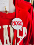 Load image into Gallery viewer, Red sweater with 'HOGS' button on a mannequin, gameday buttons near me, gameday buttons sorority, gameday button pins, Arkansas buttons, art buttons, Fayetteville boutique store, shopping near me NWA mall, Arkansas gameday buttons, razorback store fayetteville