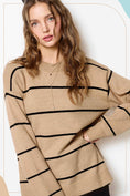 Load image into Gallery viewer, Woman wearing a beige sweater with black stripes against a white background, women’s sweaters near me, boutique near me, clothing stores fayetteville ar