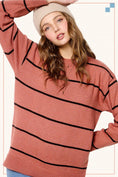 Load image into Gallery viewer, Person wearing a striped sweater and beanie against a plain background, sweaters for women, sweaters near me, stores in Fayetteville ar