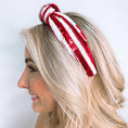 Load image into Gallery viewer, Red and white sequined headband, razorback headbands, razorback store Fayetteville, Fayetteville ar boutiques, shopping near the nwa mall, boutique nwa mall