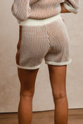Load image into Gallery viewer, Women wearing a brown and white striped outfit with shorts on a neutral background, Bibi matching outfit, sweater matching set for women, fall matching set for women, Fayetteville ar clothing store