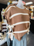 Load image into Gallery viewer, Brown and white striped sweater on a mannequin with a blurred store background, Striped sweater, sweater vest, blu pepper clothing, blu pepper sweater, sweater women, striped sweater vest, store near me fayetteville mall, boutique near me