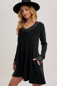 Load image into Gallery viewer, Woman wearing a black long-sleeve dress and hat on a plain background, waffle knit dress with sleeves, waffle knit long sleeve dress, shopping Fayetteville ar, Fayetteville ar boutiques