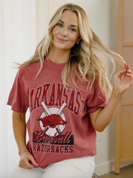 Arkansas Razorback baseball with two bats, and baseball with red razorback. Arkansas Razorback Baseball T-Shirt