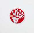 Load image into Gallery viewer, Red button with white boot and exclamation marks on a light gray background, arkansas gameday pins, razorback store Fayetteville, AR, trinkets boutique