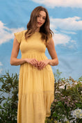 Load image into Gallery viewer, Yellow smocked midi dress, yellow smocked maxi dress, butter yellow dress, blu pepper dresses near me, blu pepper clothing near me, wedding guest dress near me, stores in Fayetteville Arkansas
