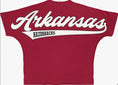 Load image into Gallery viewer, Back view of the Big Red Oversized Arkansas Razorback Tee showing the large white retro-style Arkansas Razorbacks script graphic.