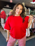 Load image into Gallery viewer, Woman wearing a red sweater and red and white striped pants in a Fayetteville, ar store: Whimsy Whoo Boutique & Arkansas Razorback Store..