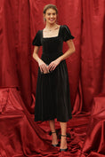 Load image into Gallery viewer, Blu pepper dress, by the river dress, velvet dress, black velvet dress, black midi dress, shopping in Fayetteville ar, boutique stores in Fayetteville, ar