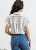 Load image into Gallery viewer, back detail of striped button up blouse from blue pepper, where to buy affordable work clothes online. Springdale, AR Northwet Arkansas
