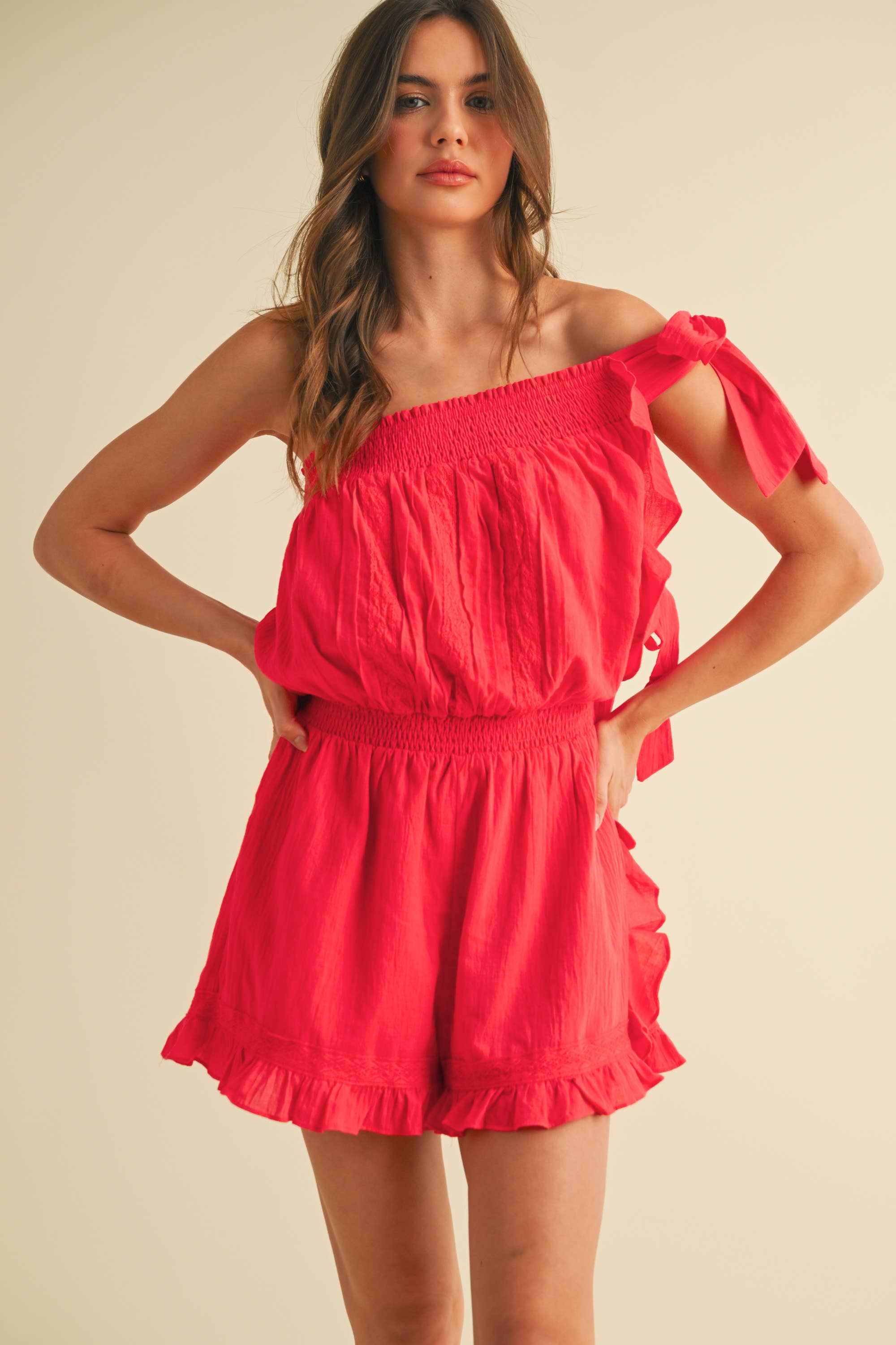The Ruby Red Ruffle One-Shoulder Romper Medium