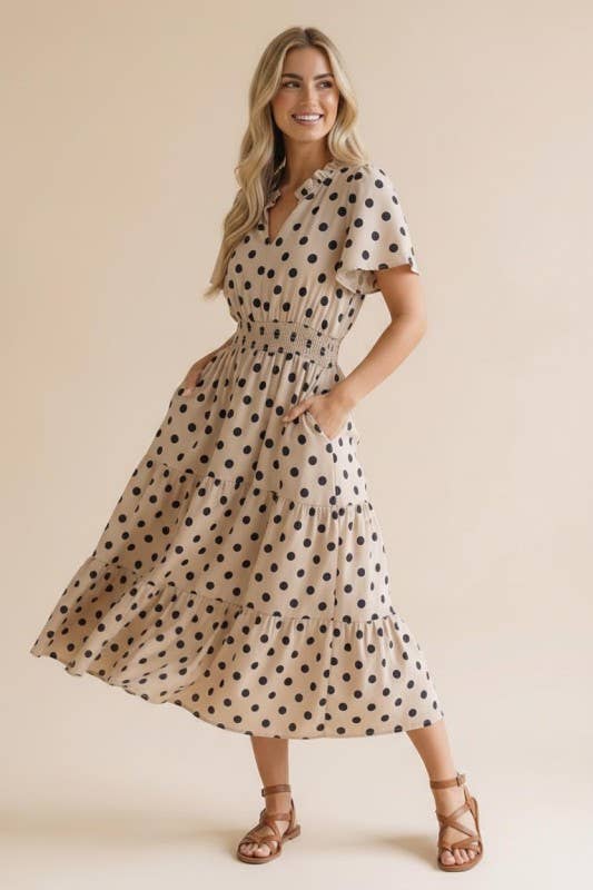 Polkadot Smocked Waist Tiered Maxi Dress Medium