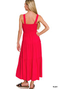 Load image into Gallery viewer, Back view of the Zenana red tiered midi dress showing the high-quality smocked top and soft poly-rayon blend fabric.