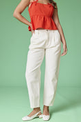 Load image into Gallery viewer, A front view of the Executive Edge Barrel Pants in off-white, featuring a mid-rise waist and a modern wide-leg barrel silhouette.