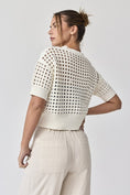 Load image into Gallery viewer, Side profile of the white Oh Hey Crochet! top, perfect for pairing with high-waisted barrel jeans or utility trousers.