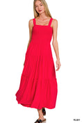 Load image into Gallery viewer, Front view of the Zenana Red Easy Elegance Midi Dress featuring a square neck and smocked bodice, available at Whimsy Whoo in Fayetteville.