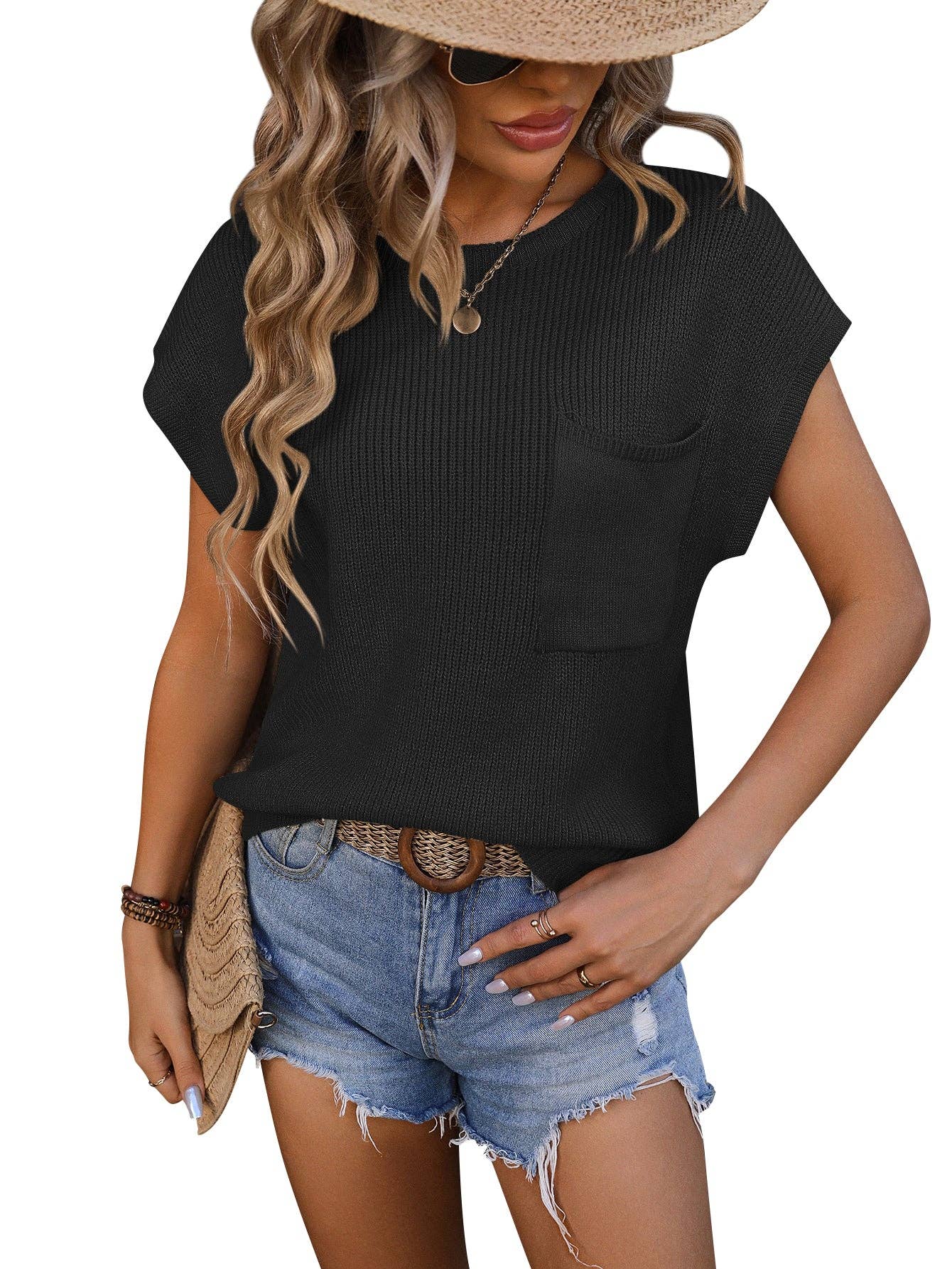 Easy Does It Patch Pocket Short-sleeved Sweater