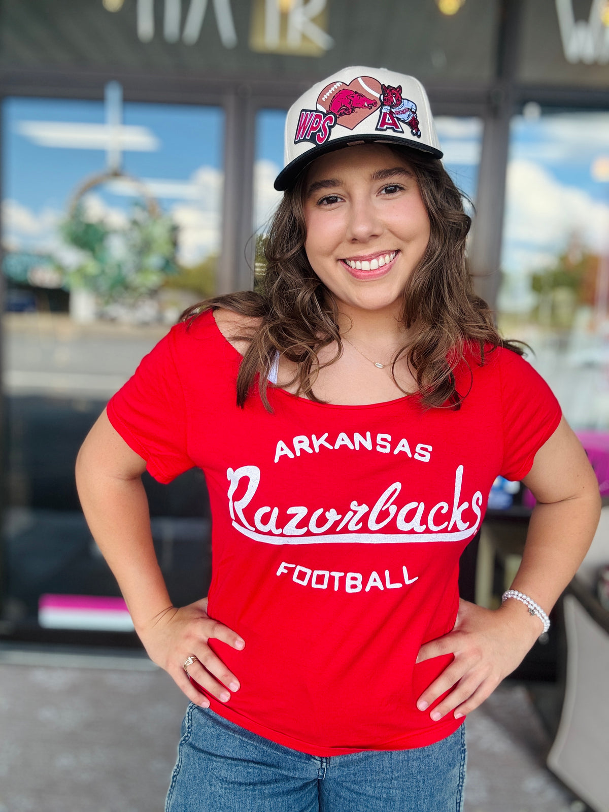 My Elevated Varsity Off-Shoulder Razorback Tee