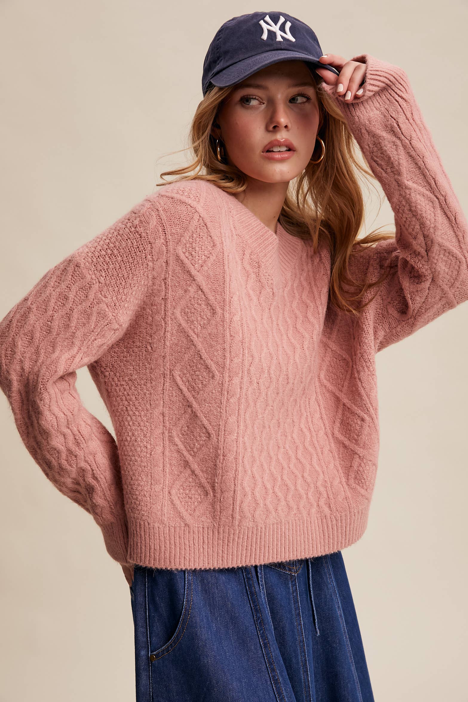 Cozy Creation Cable Knit V-Neck Sweater