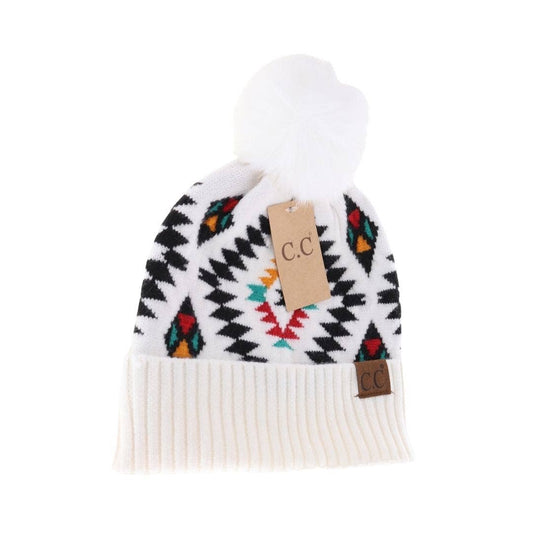 C.C Beanie | Aztec Patterned Faux Fur Pom Beanie