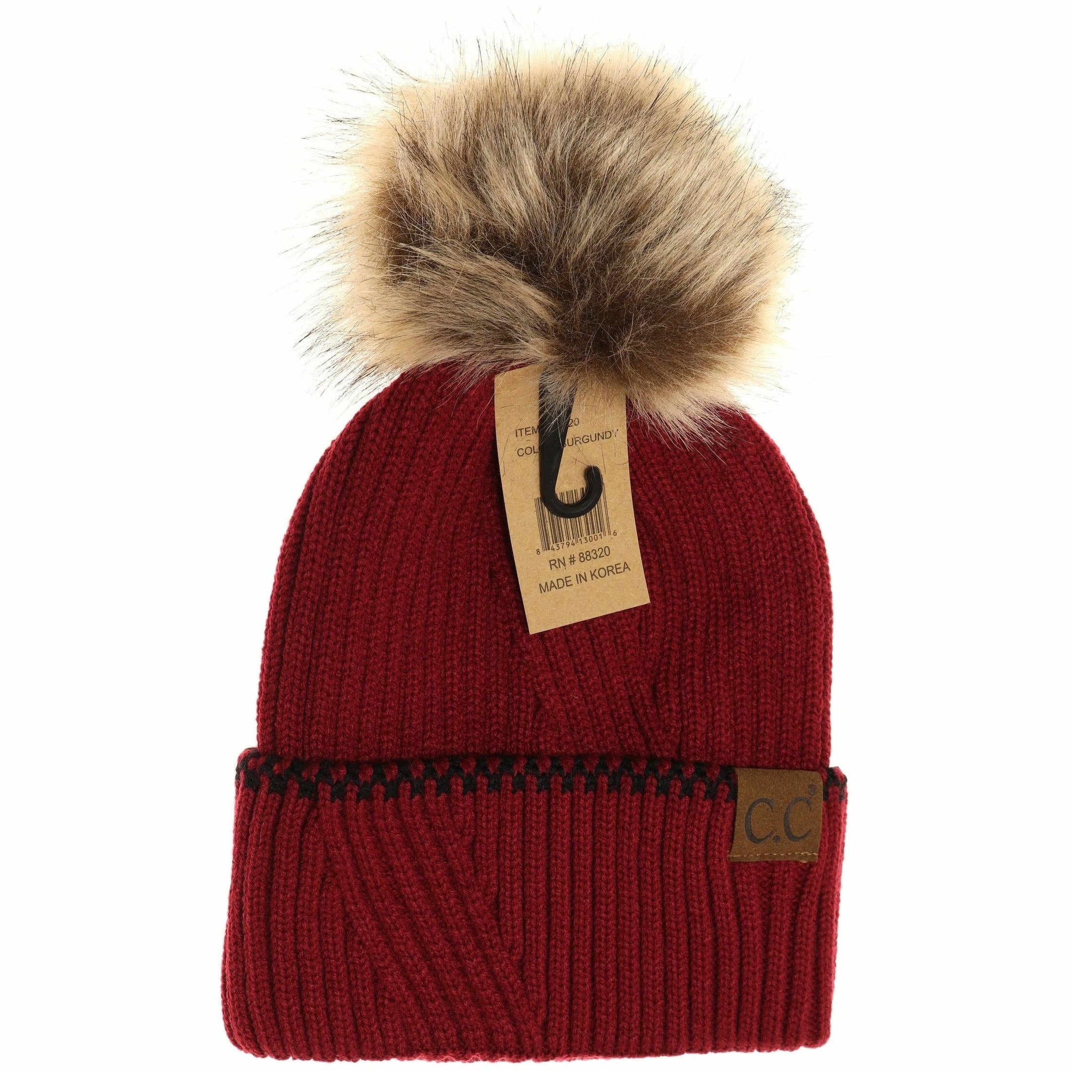 C. C Beanie | Ribbed Knit Beanie with Fur Pom - Burgundy