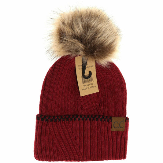 C. C Beanie | Ribbed Knit Beanie with Fur Pom - Burgundy