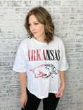 Load image into Gallery viewer, Red & Black printed Razorback Shirt on white tee, razorback store, waist length razorback shirt, whimsy whoo boutique store near me in springdale
