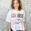 Red & Black printed Razorback Shirt on white tee, razorback store, waist length razorback shirt, whimsy whoo boutique store near me in springdale