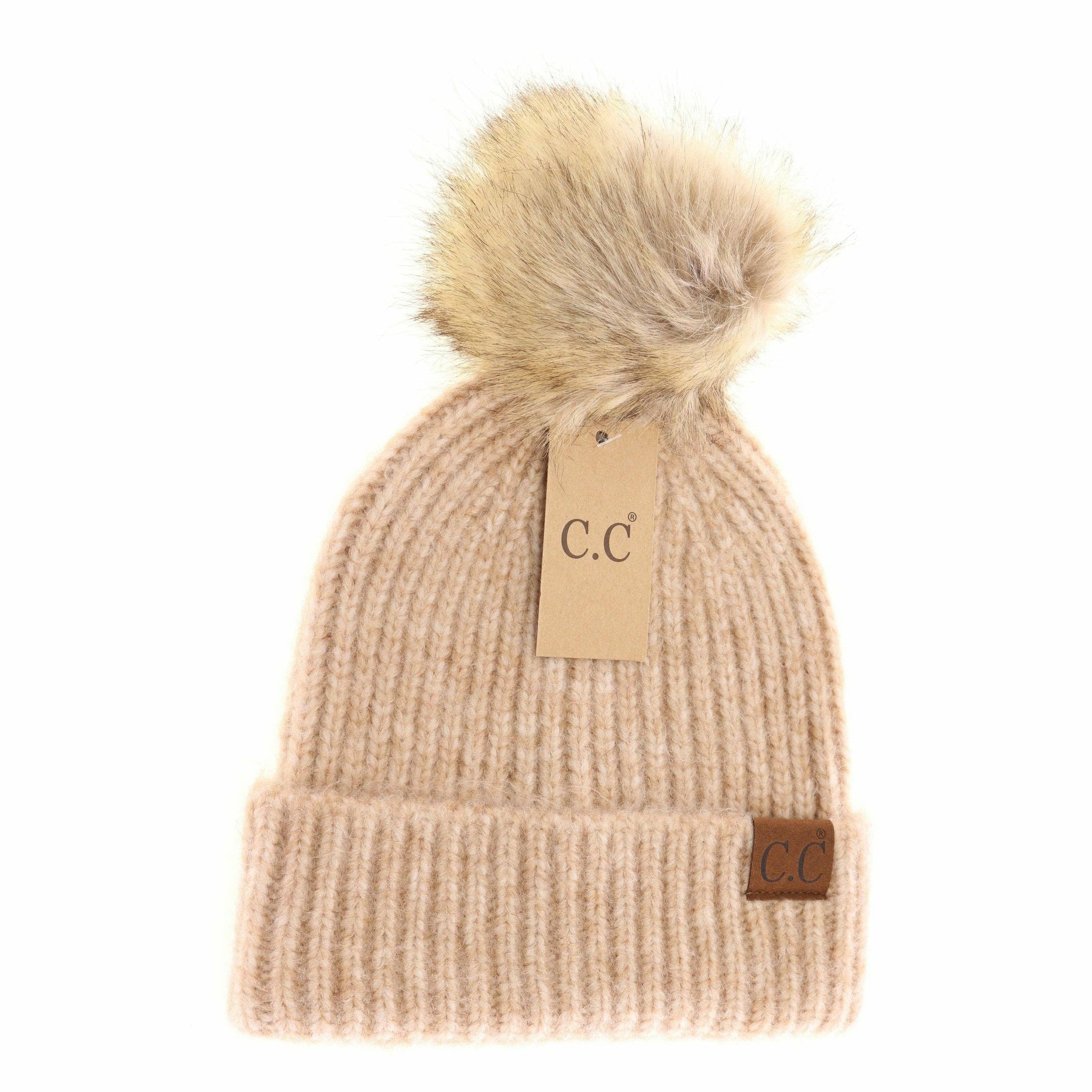 C.C Beanie | Beige Soft Ribbed Fur Pom Beanie