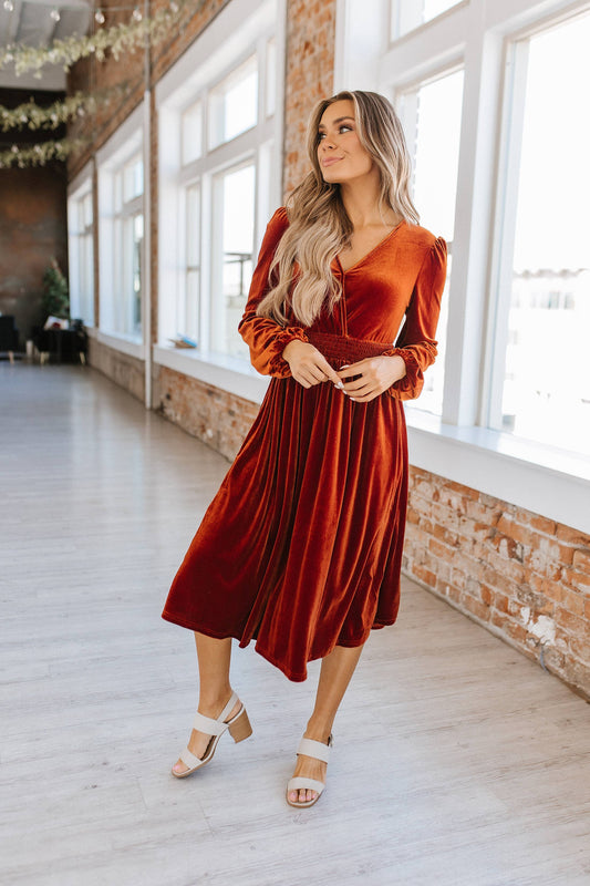 Autumn Vibes Smocked Velvet Dress