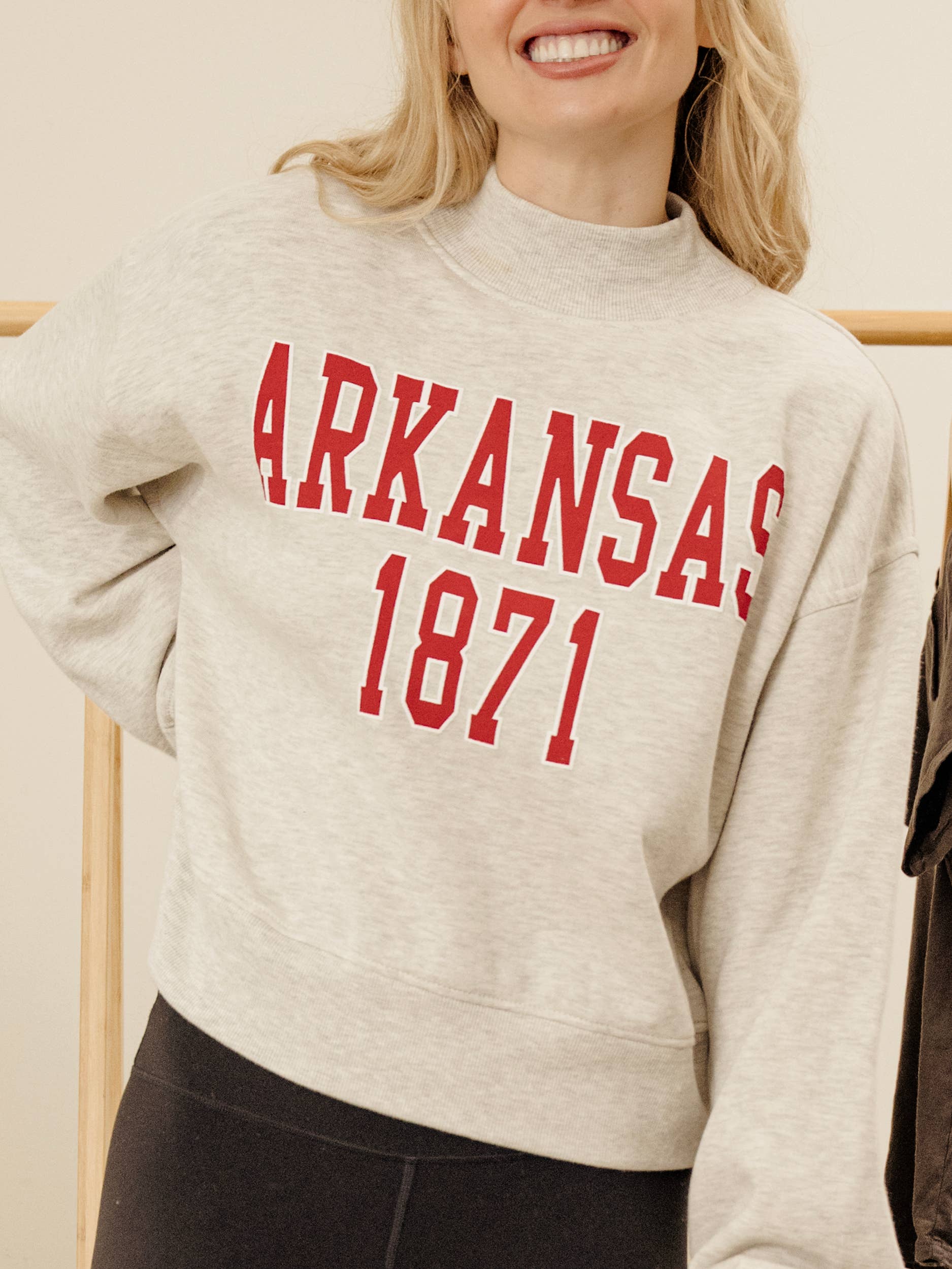 Arkansas College Block Puff Ink Gray Mock Neck Sweatshirt