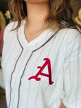 Load image into Gallery viewer, arkansas baseball jersey with embroidered A Arkansas logo with red sequin trim from whimsy whoo boutique store and razorback shoppe
