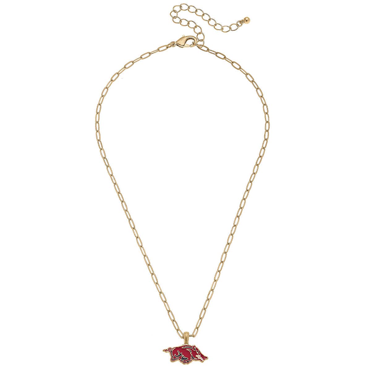 Gold necklace with a red and gold pendant on a white background, Arkansas razorback necklace, red hog necklace, gold razorback necklace, Arkansas razorback gold necklace, shopping in Fayetteville Arkansas, razorback store in fayetteville
