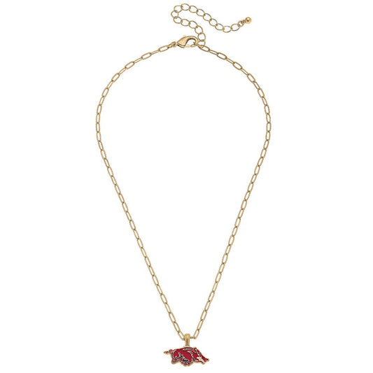 Gold necklace with a red and gold pendant on a white background, Arkansas razorback necklace, red hog necklace, gold razorback necklace, Arkansas razorback gold necklace, shopping in Fayetteville Arkansas, razorback store in fayetteville