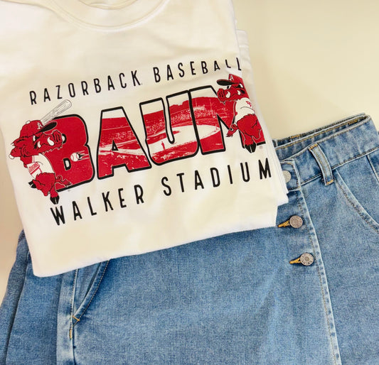 White t-shirt with 'Razorback Baseball Baum Walker Stadium' design on blue jeans, Arkansas razorbacks baseball shirt, baseball tee for shirts, where to buy Arkansas baseball shirts, razorback store in fayetteville