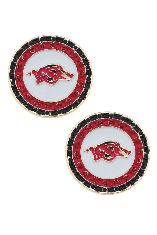 Two round earrings with a red and black design on a white background. Razorback jewelry, razorback jewelry near me, razorback jewelry and accessories, Arkansas razorback jewelry, razorback charms for jewelry, razorback jewelry for sale, women razorback jewelry, Arkansas razorback pendant