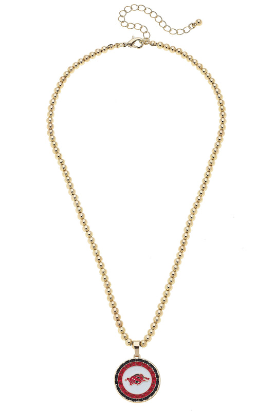Gold necklace with a red and white pendant on a white background, Razorback jewelry, razorback jewelry near me, razorback jewelry and accessories, Arkansas razorback jewelry, razorback charms for jewelry, razorback jewelry for sale, women razorback jewelry, Arkansas razorback pendant