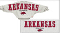 Load image into Gallery viewer, Gray sweatshirt 'ARKANSAS Razorbacks' text and logo on a white background, Arkansas razorback sweatshirt for women, razorback tops near me, stores near me Fayetteville ar, arkansas razorback store, store near me, Fayetteville ar stores, arkansas razorback store
