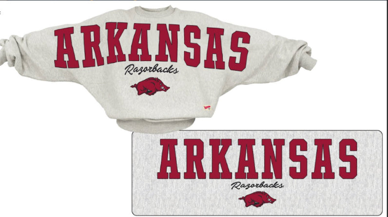Gray sweatshirt 'ARKANSAS Razorbacks' text and logo on a white background, Arkansas razorback sweatshirt for women, razorback tops near me, stores near me Fayetteville ar, arkansas razorback store, store near me, Fayetteville ar stores, arkansas razorback store