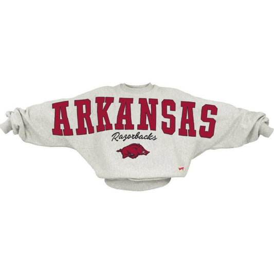 Gray sweatshirt with 'ARKANSAS Razorbacks' text and logo on a white background, Arkansas razorback sweatshirt for women, razorback tops near me, stores near me Fayetteville ar, arkansas razorback store, store near me, Fayetteville ar stores, arkansas razorback store