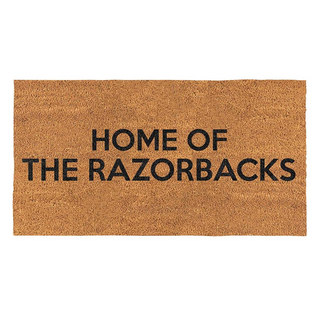 Doormat with 'HOME OF THE RAZORBACKS' text on a white background