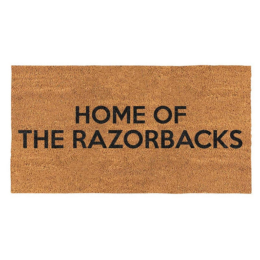 Doormat with 'HOME OF THE RAZORBACKS' text on a white background